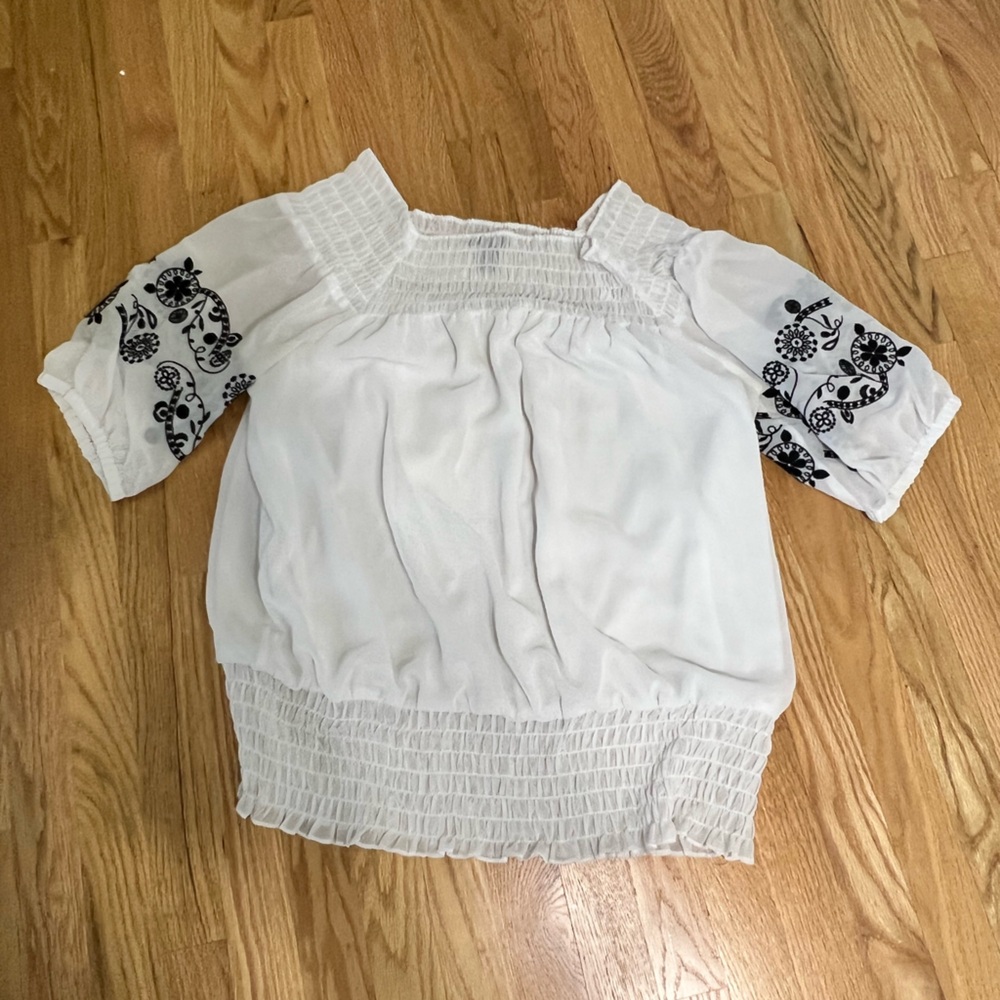 Alfani White and Black Smocked Embroidered Blouse